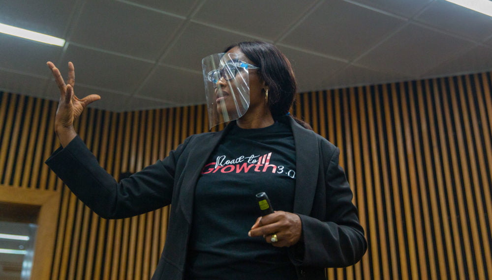 Ekaete-Augustine Edet, a Road to Growth trainer, speaks during class at the Enterprise Development Centre, Lagos Nigeria, on 27th January 2021. The Cherie Blair Foundation for Women continues to support women entrepreneurs across many African countries, including Nigeria, through their blended learning programmes, like Road to Growth and HerVenture.