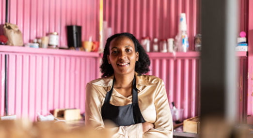 Wangari Mwaura is posing for a portrait inside her workshop. She is producing organic soaps that she sells in her shop, but also online, in Kenol town, Kenya, on Wednesday, Sep. 30, 2020. Wangari Mwaura is using HerVenture, a busines skills training mobile app created by the Cherie Blair Foundation for Women. The app features seven learning ‘tracks’ on a range of needs, including launching a business, product innovation and expanding market access, and a new track focusing on e-commerce