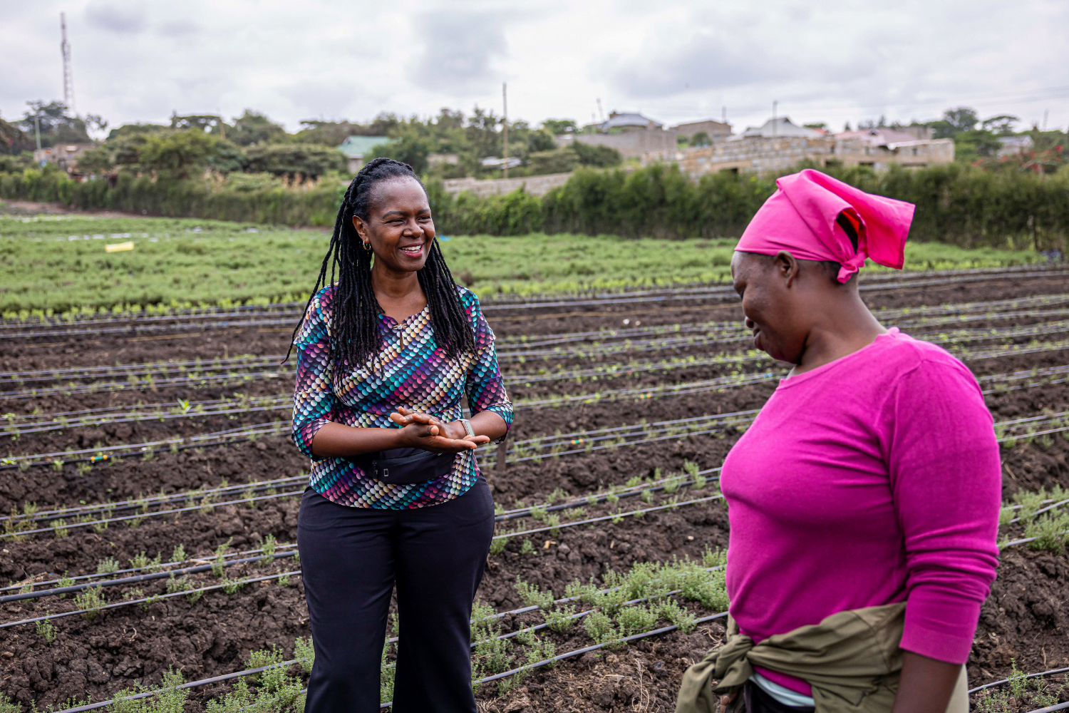 Diana Muthee, a Kenyan woman entrepreneur, stands on her sustainable herb farm. She is smiling and talking to another woman, who stands facing away from the camera.