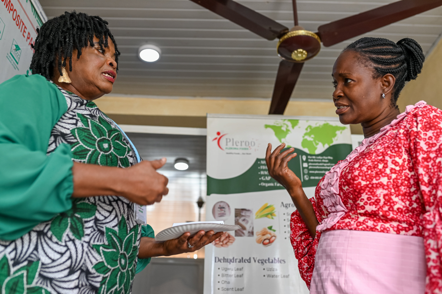 Ellah Omezi, a Nigerian woman entrepreneur wearing a green embroidered dress talks to a woman wearing a pink embroidered dress.