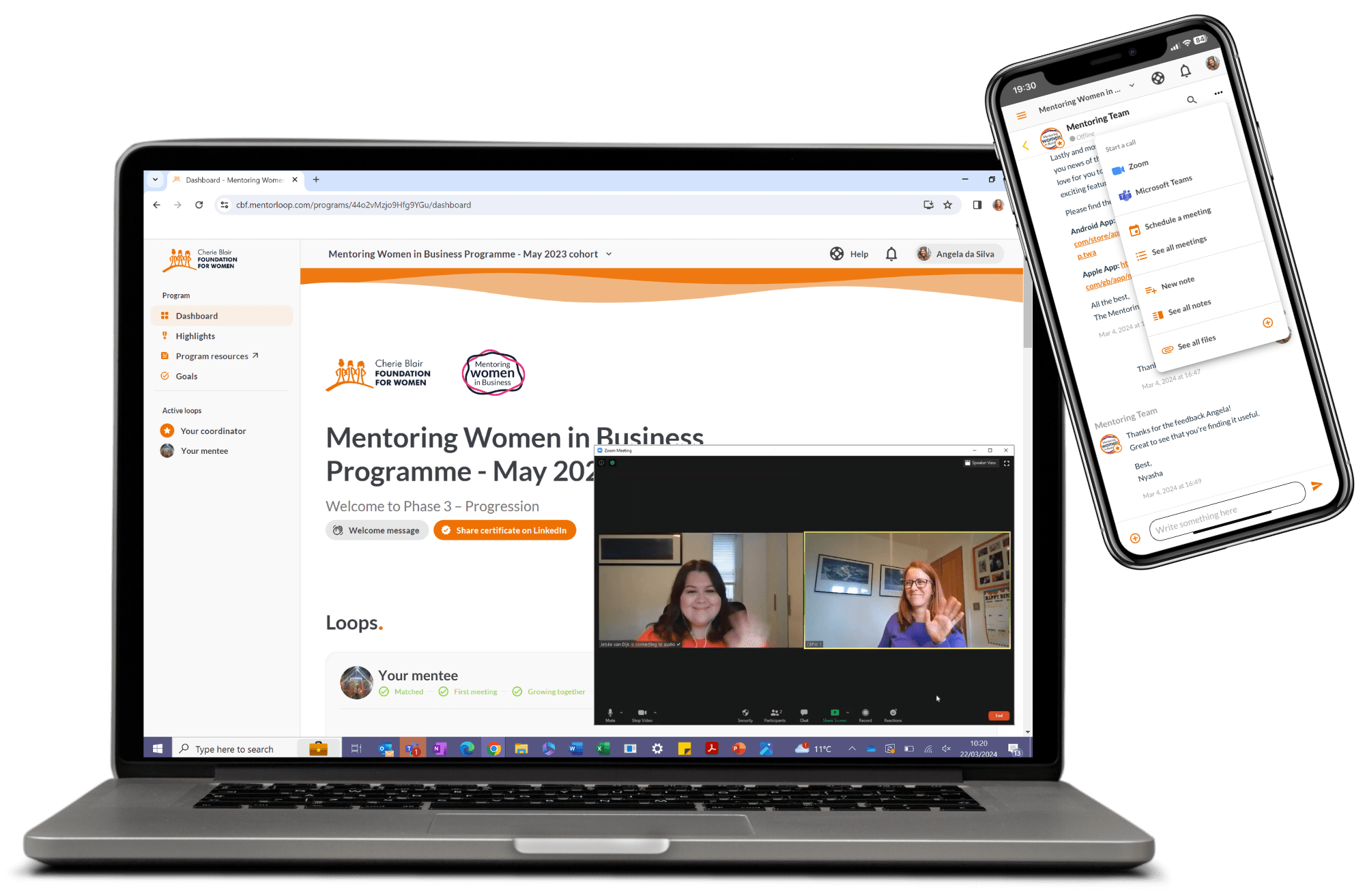 Laptop with the Mentoring platform and a mentor and mentee engaged in a video call on-screen, alongside a smartphone with the Mentoring app's interface visible