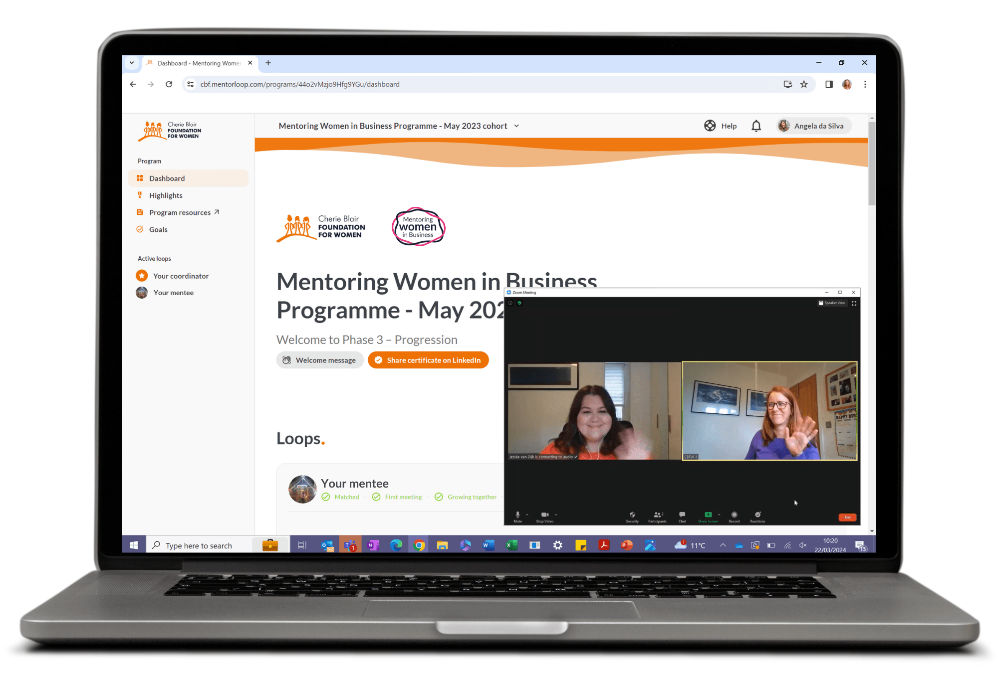 Laptop with the Mentoring platform and a mentor and mentee engaged in a video call on-screen