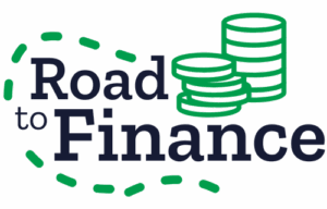 The words Road to Finance with a graphic of two piles of coins