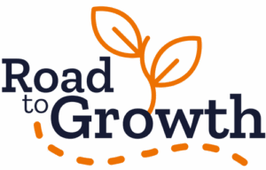The words Road to Growth with a graphic of a seedling with two leaves