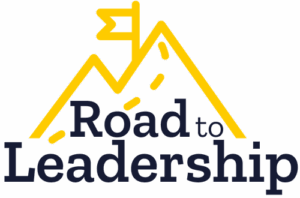 The words Road to Leadership with a graphic of a mountain with a flag on the summit