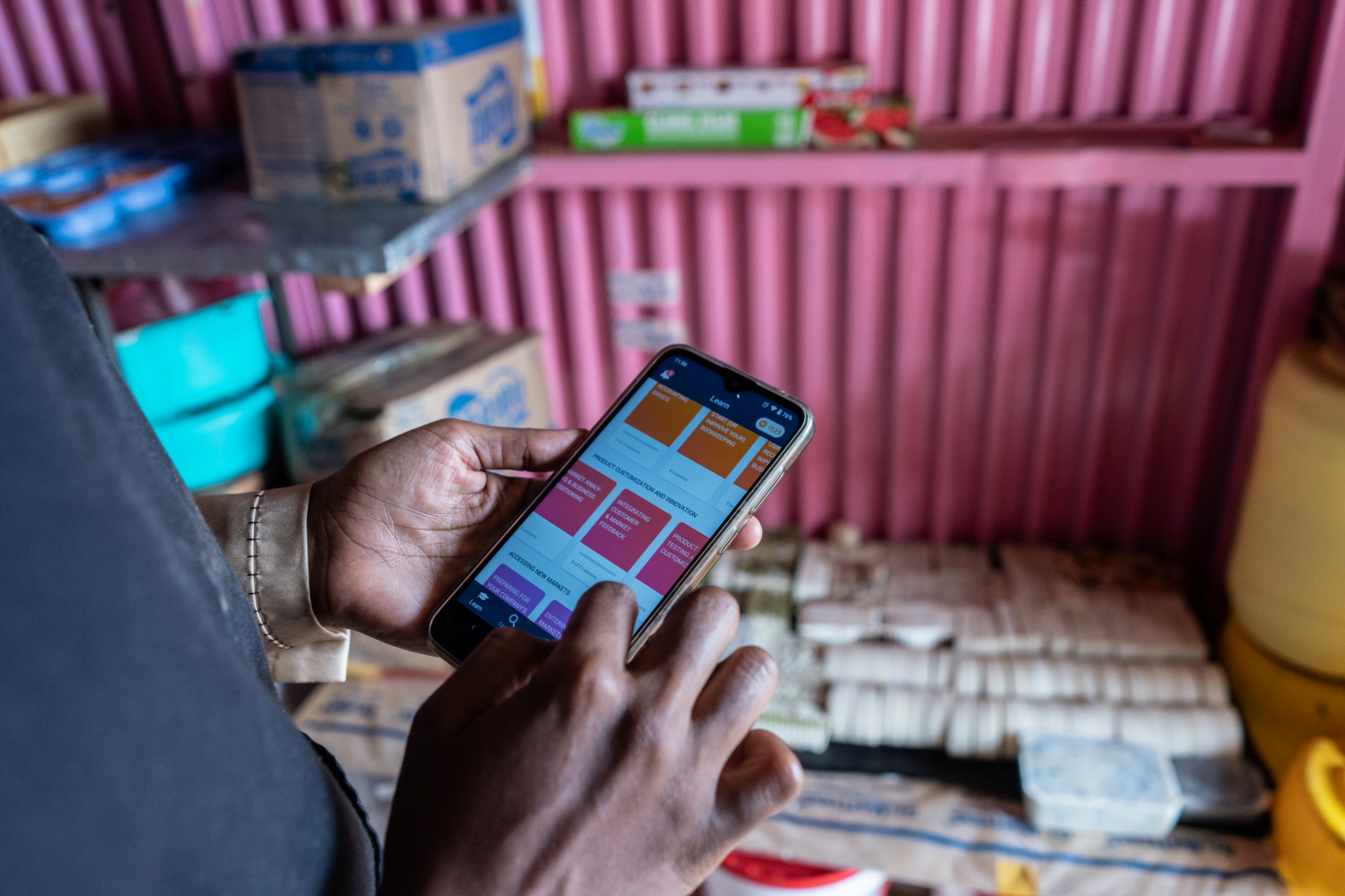 Wangari Mwaura is in the process of making organic soaps in her small workshop in Kenol town, Kenya, on Wednesday, Sep. 30, 2020. Wangari Mwaura is using HerVenture, a busines skills training mobile app created by the Cherie Blair Foundation for Women. The app features seven learning ‘tracks’ on a range of needs, including launching a business, product innovation and expanding market access, and a new track focusing on e-commerce