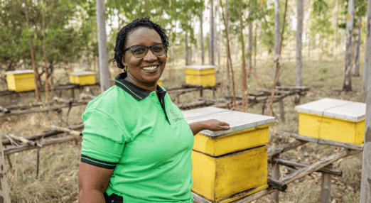 Margaret Mwuara, a woman entrepreneur from Kenya, stands smiling at the camera with her hand on a beehive. Rows of other beehives are visible behind her. She is wearing a green polo shirt with 'Samaru' logo on it.